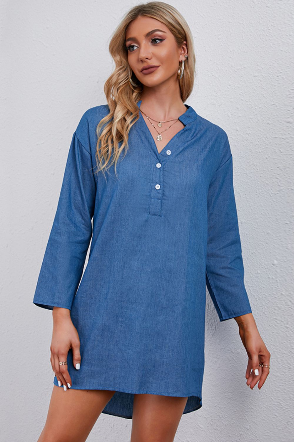 half-button notched neck high-low denim dress