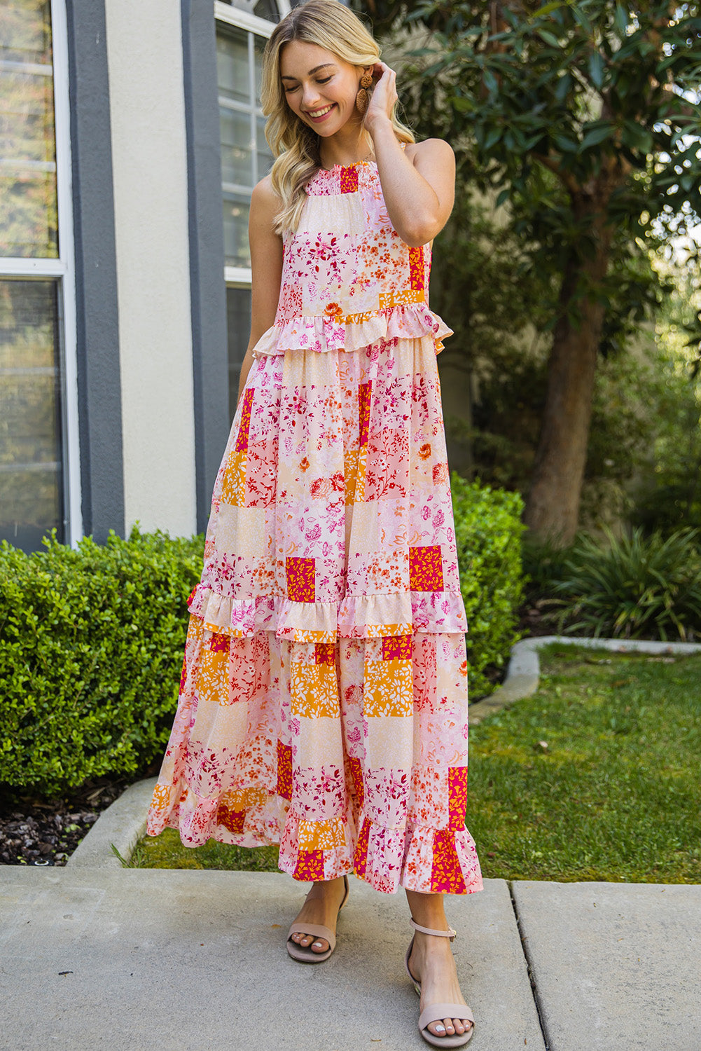 patchwork grecian neck ruffled maxi dress