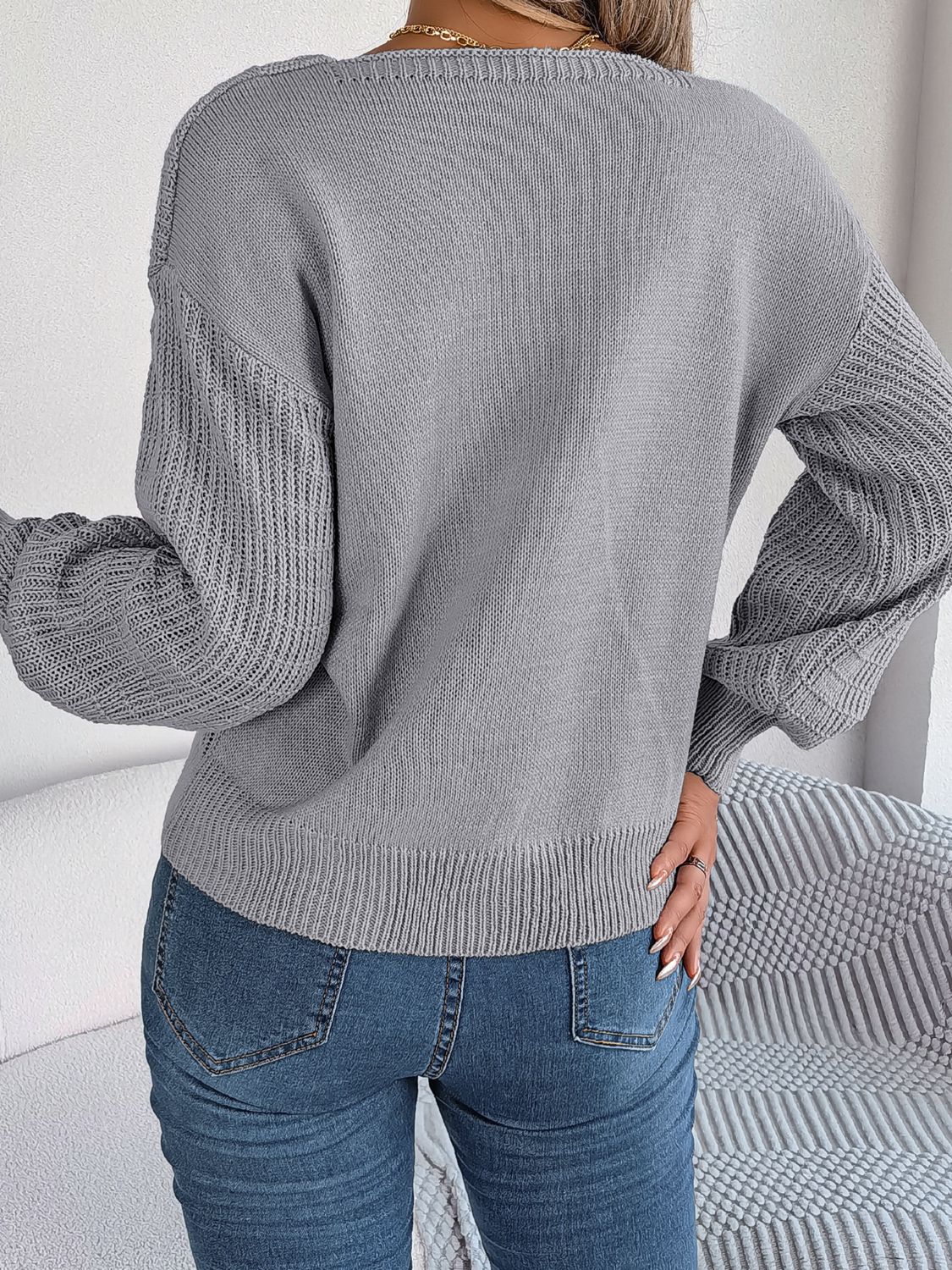 square neck mixed knit sweater