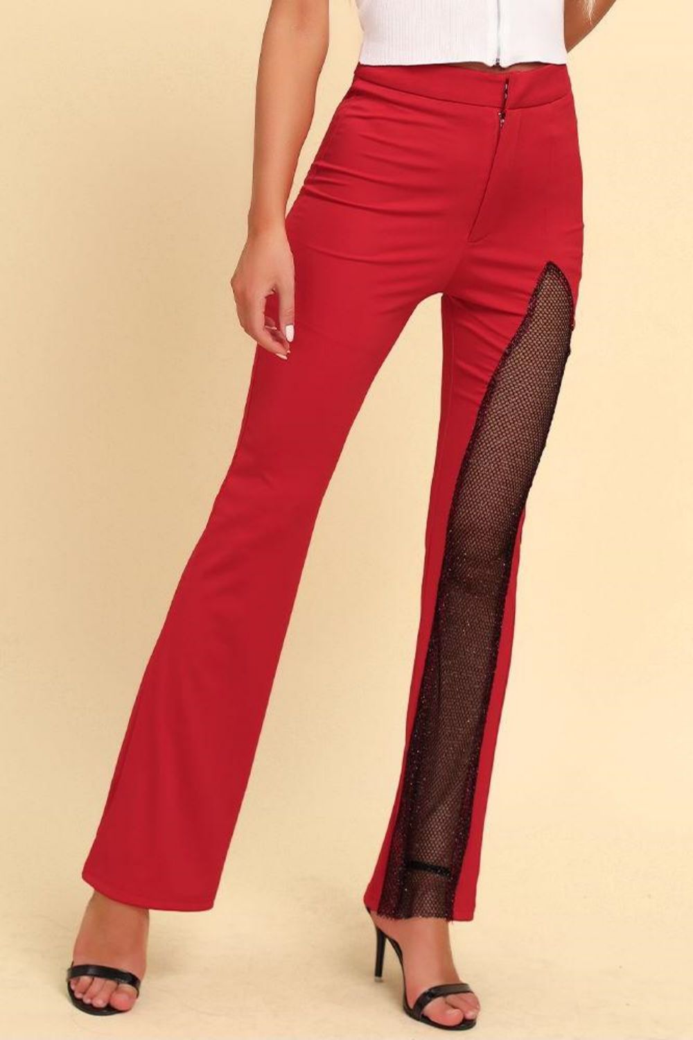 spliced mesh bootcut pants