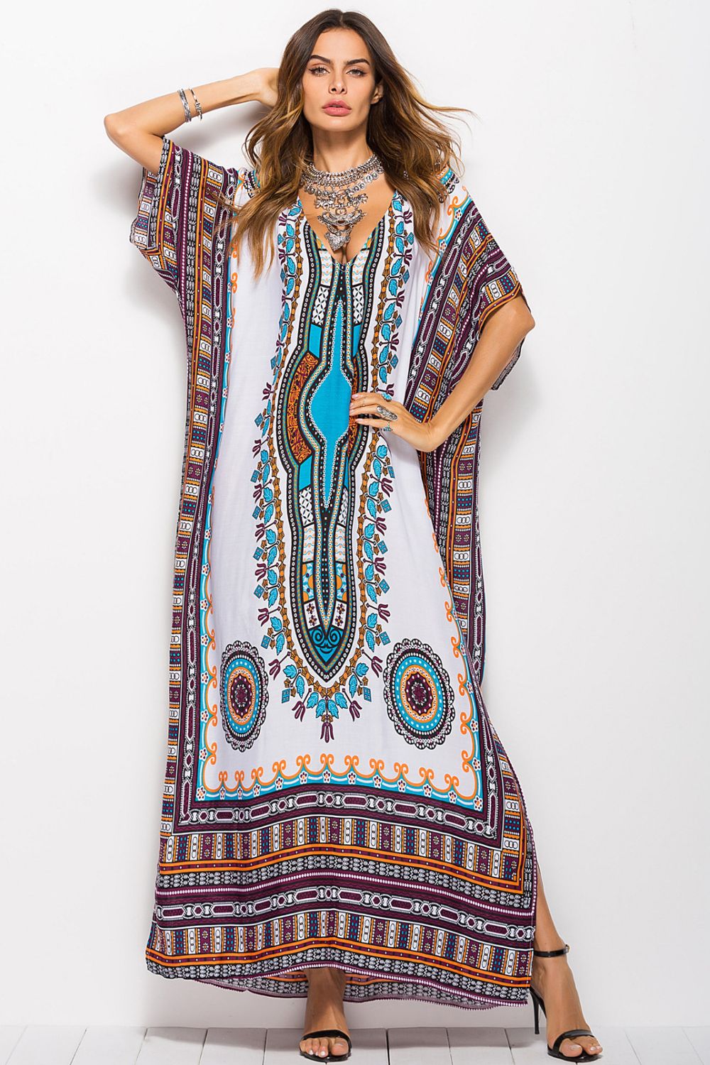 printed v-neck side slit maxi dress