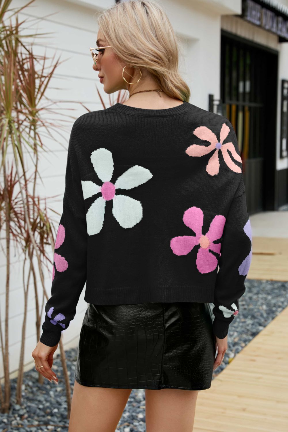 floral dropped shoulder ribbed trim sweater