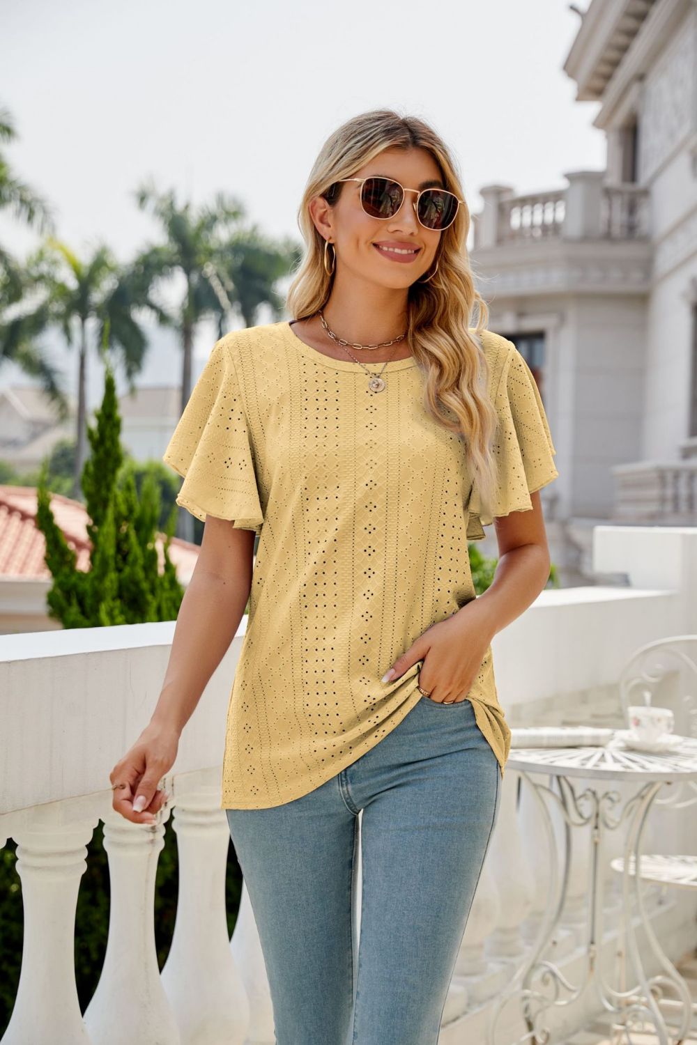 eyelet flutter sleeve round neck top