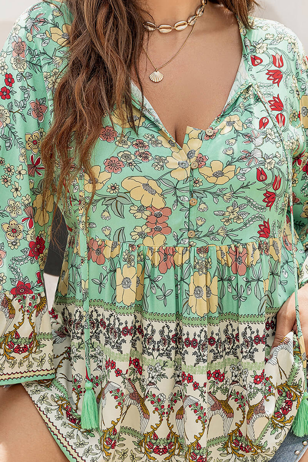 plus size floral tassel tie blouse