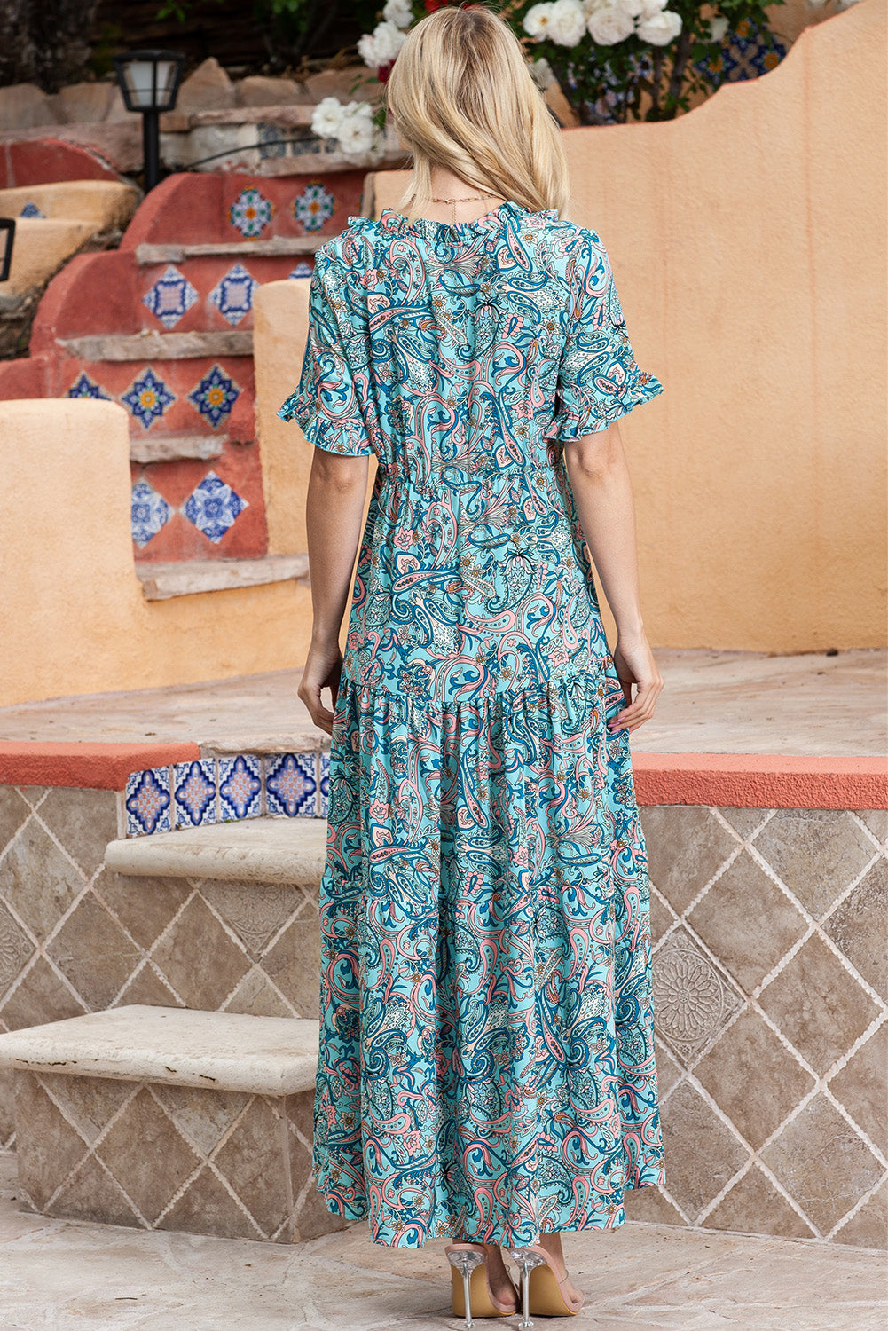 paisley print flounce sleeve maxi dress