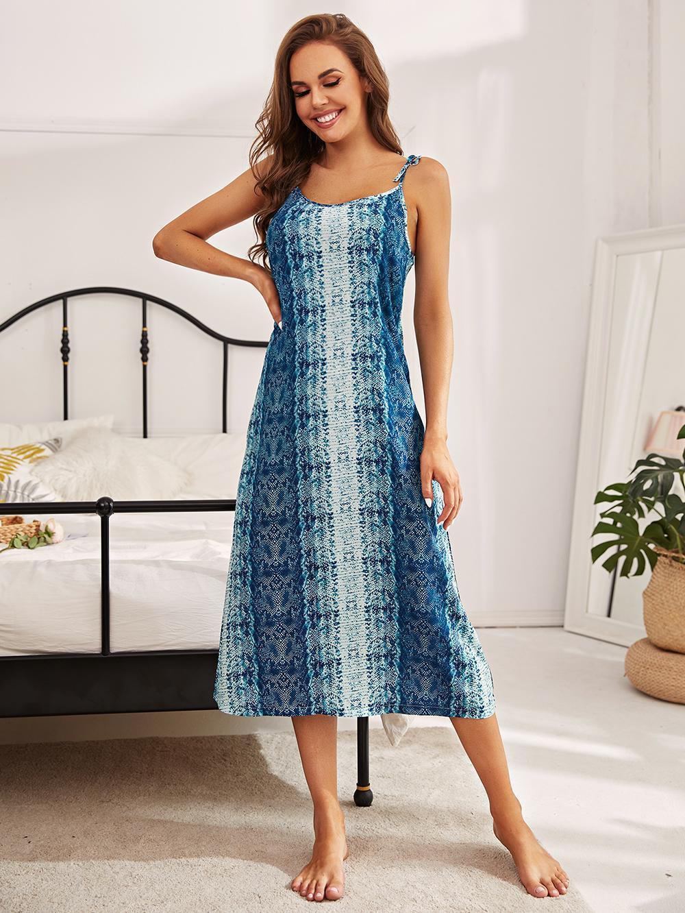 printed tie shoulder midi night dress