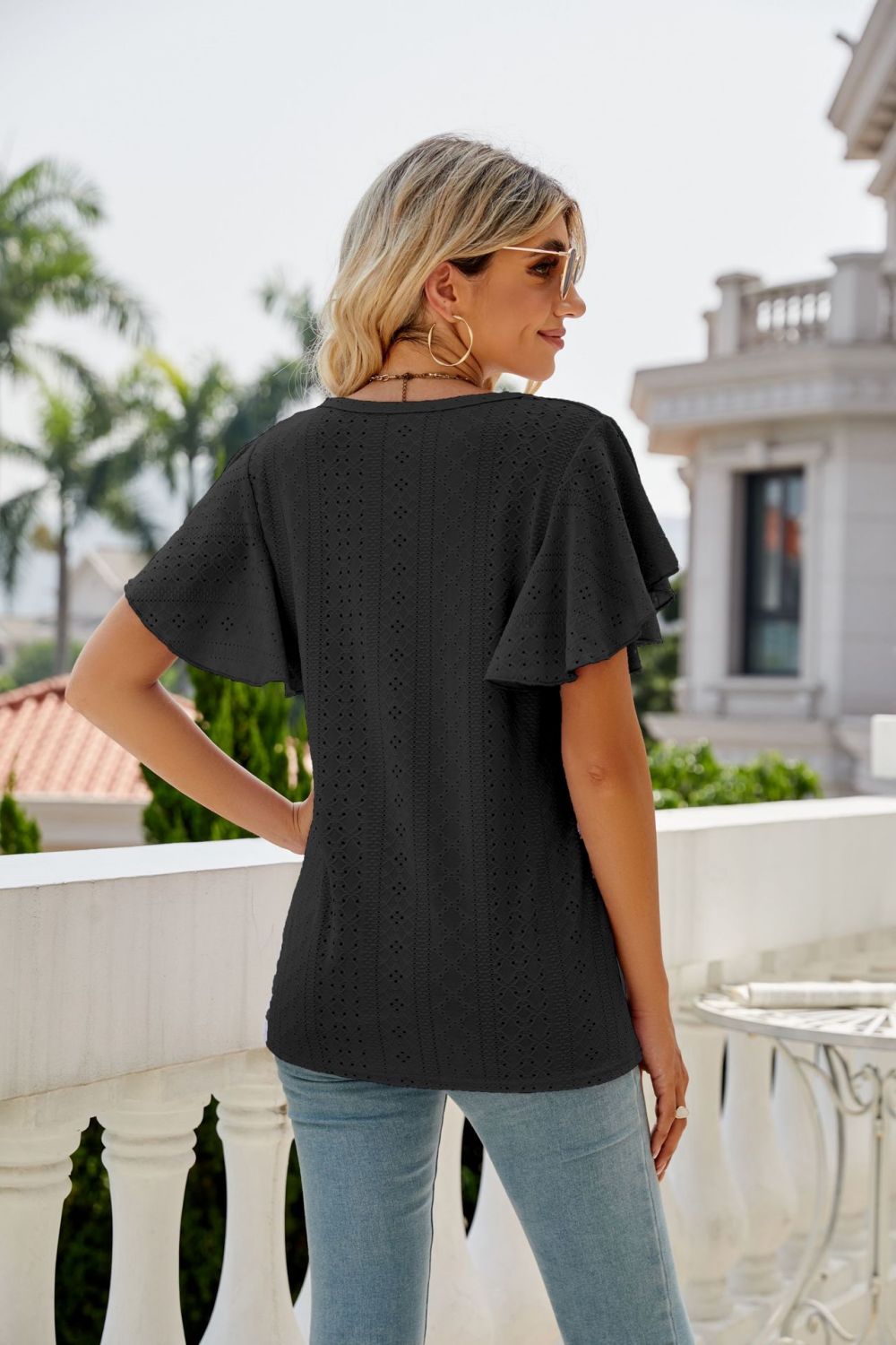 eyelet flutter sleeve round neck top