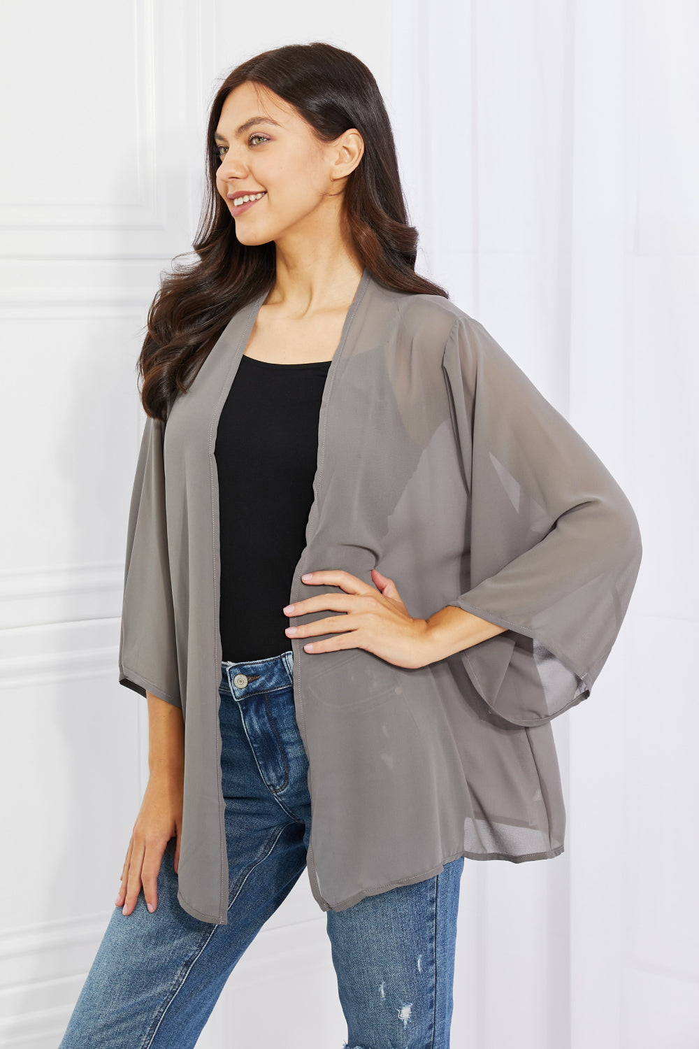 melody just breathe full size chiffon kimono in grey