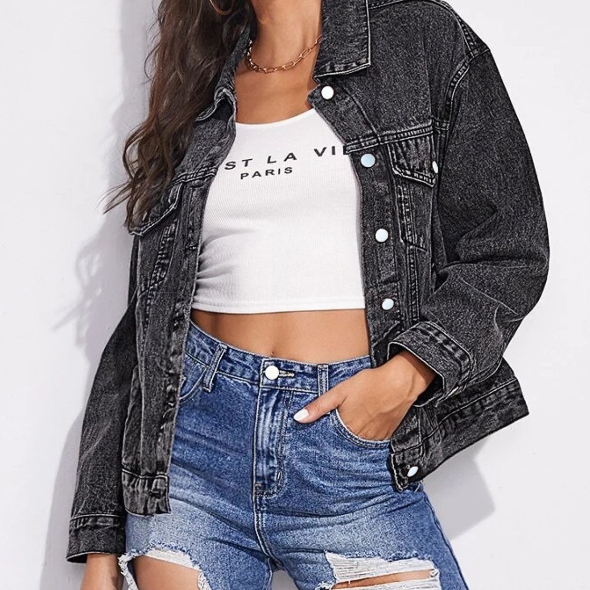 collared neck dropped shoulder button-down denim jacket