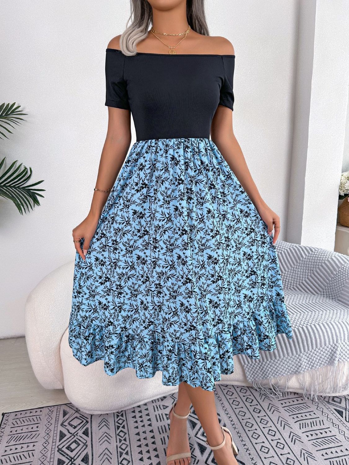 printed off-shoulder ruffle hem dress