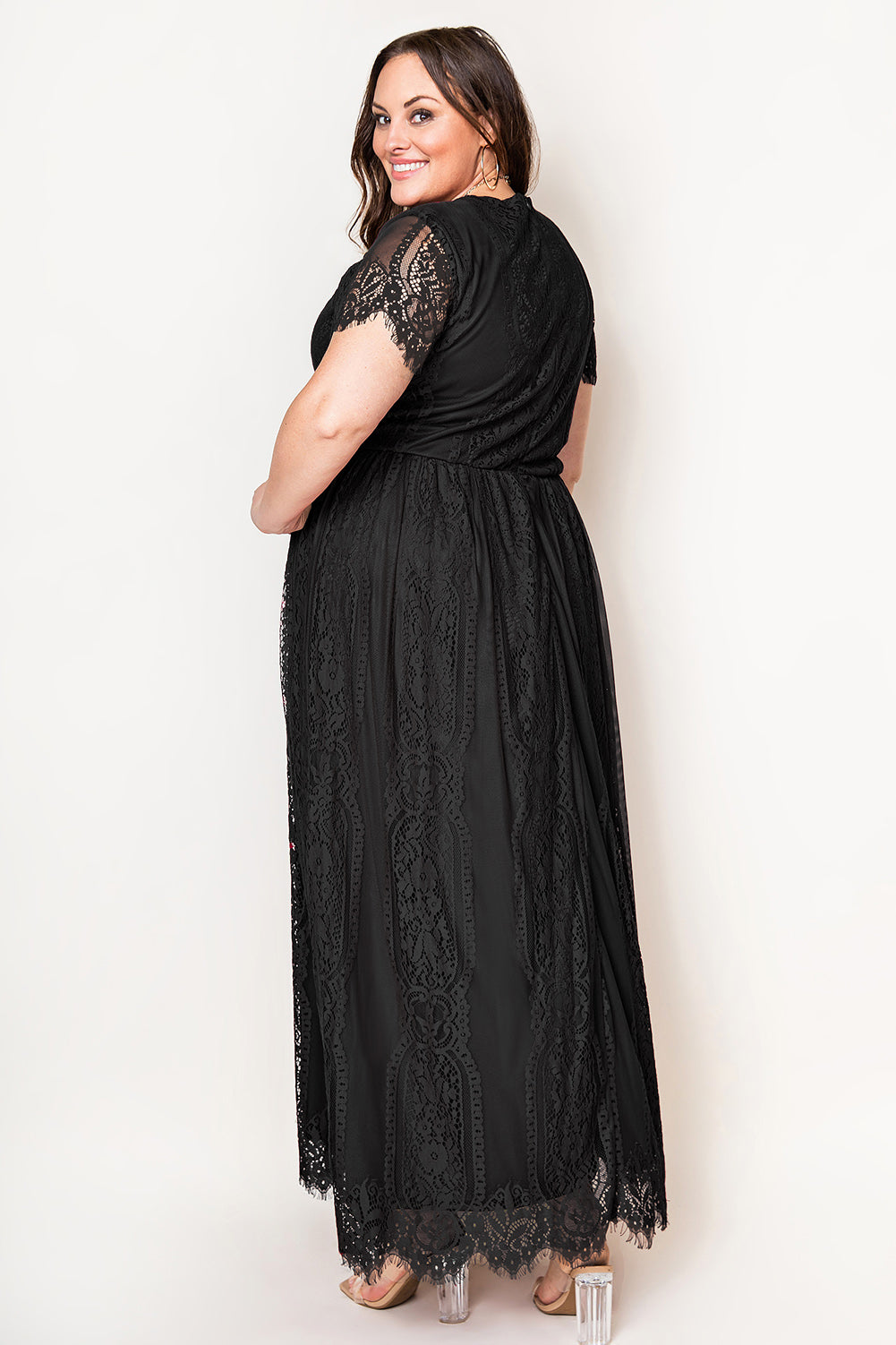 v-neck short sleeve lace maxi dress