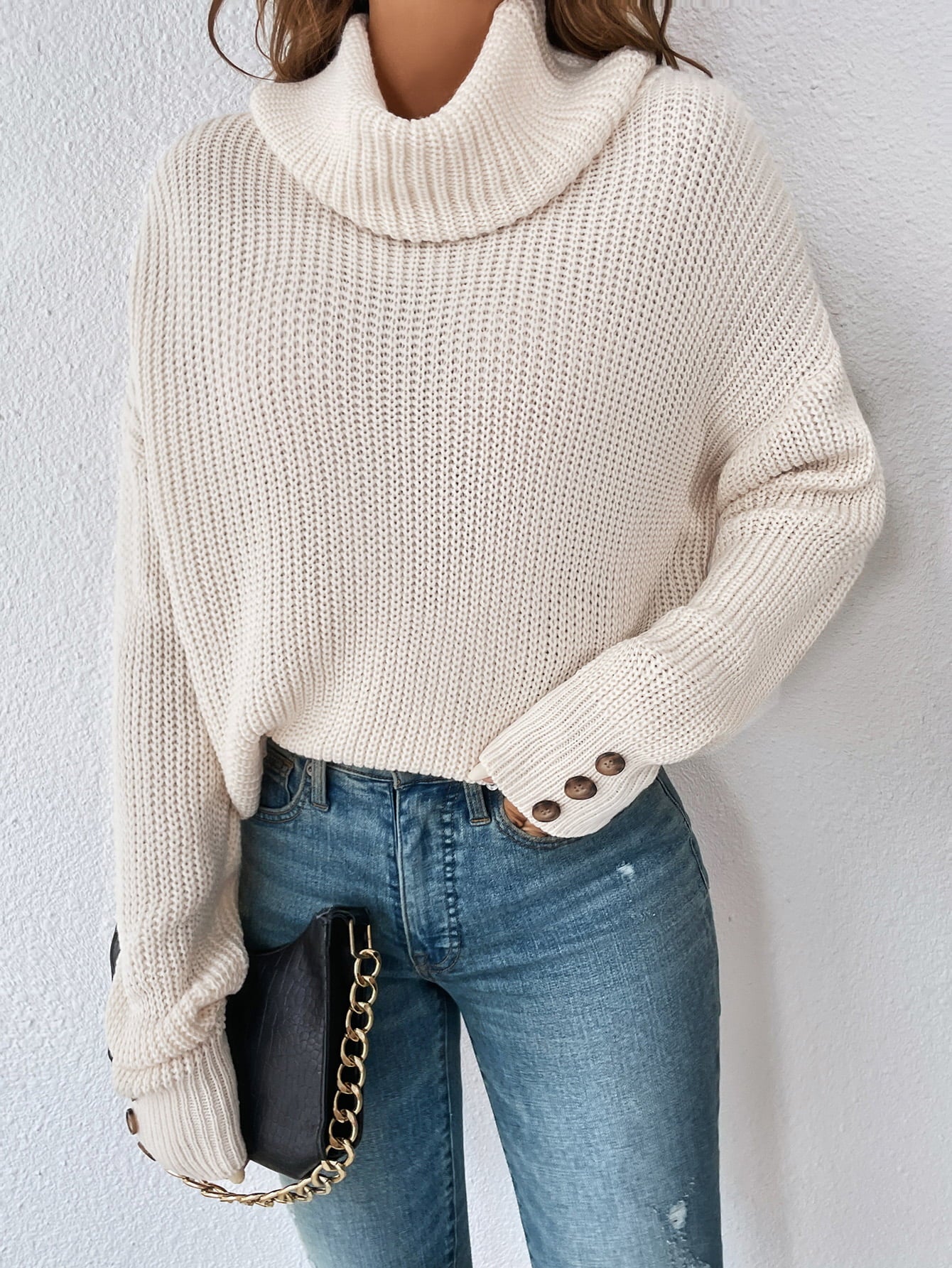 woven right decorative button turtleneck dropped shoulder sweater