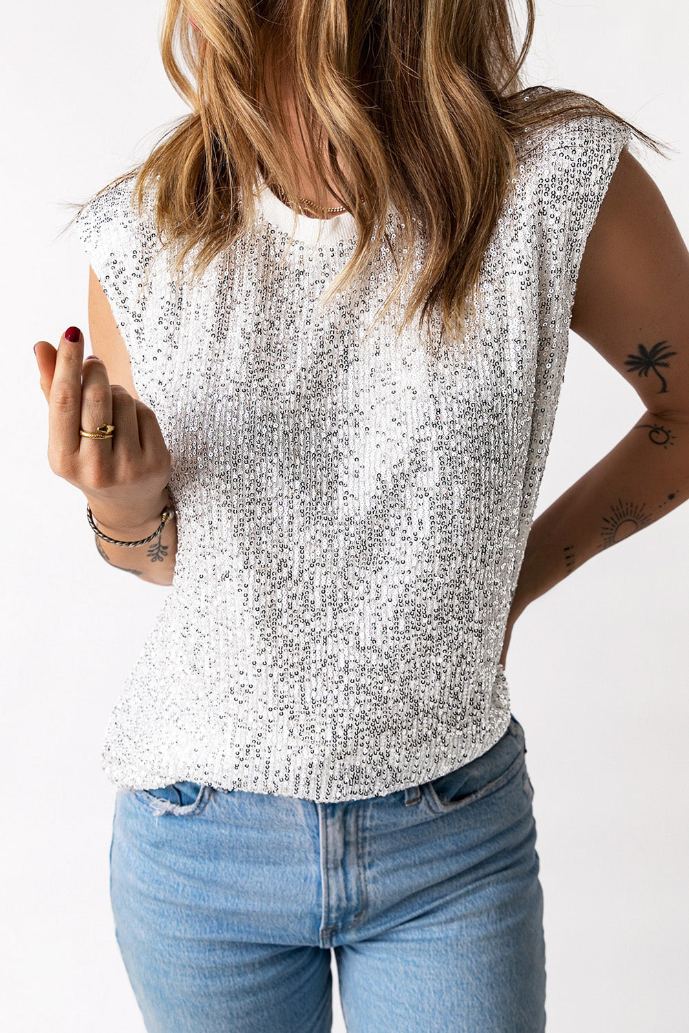 sequin round neck capped sleeve tank