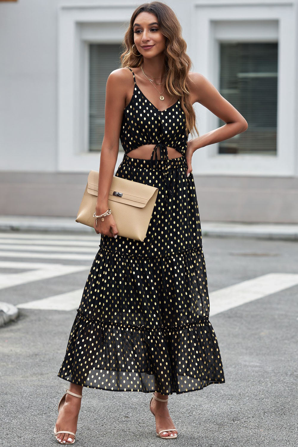 polka dot cutout spaghetti strap tiered maxi dress