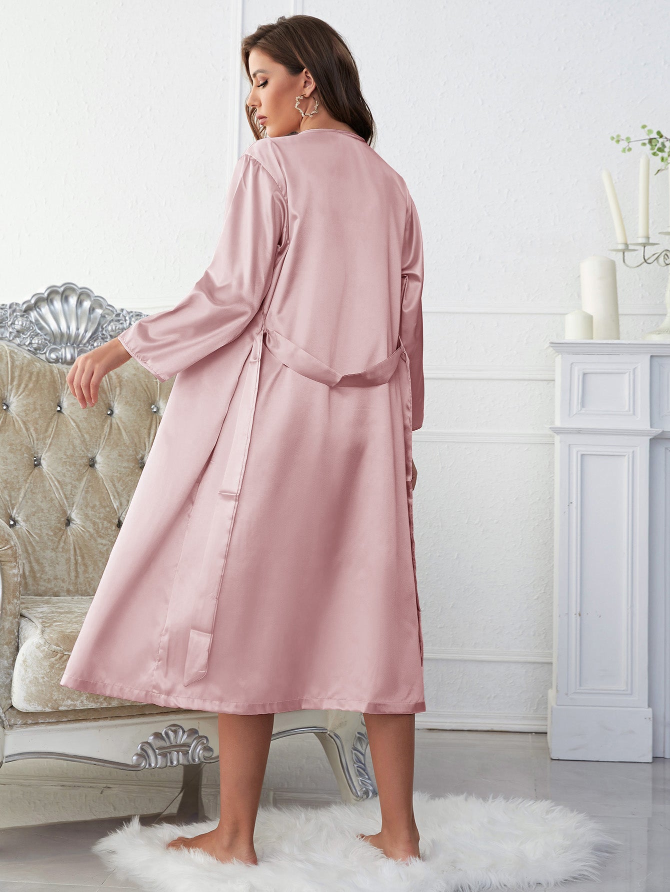 satin v-neck cami, shorts, and belted robe pajama set