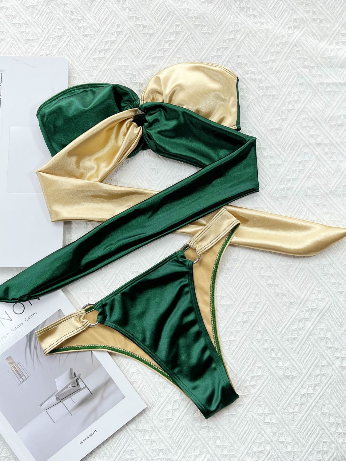 two-tone ring detail tied bikini set