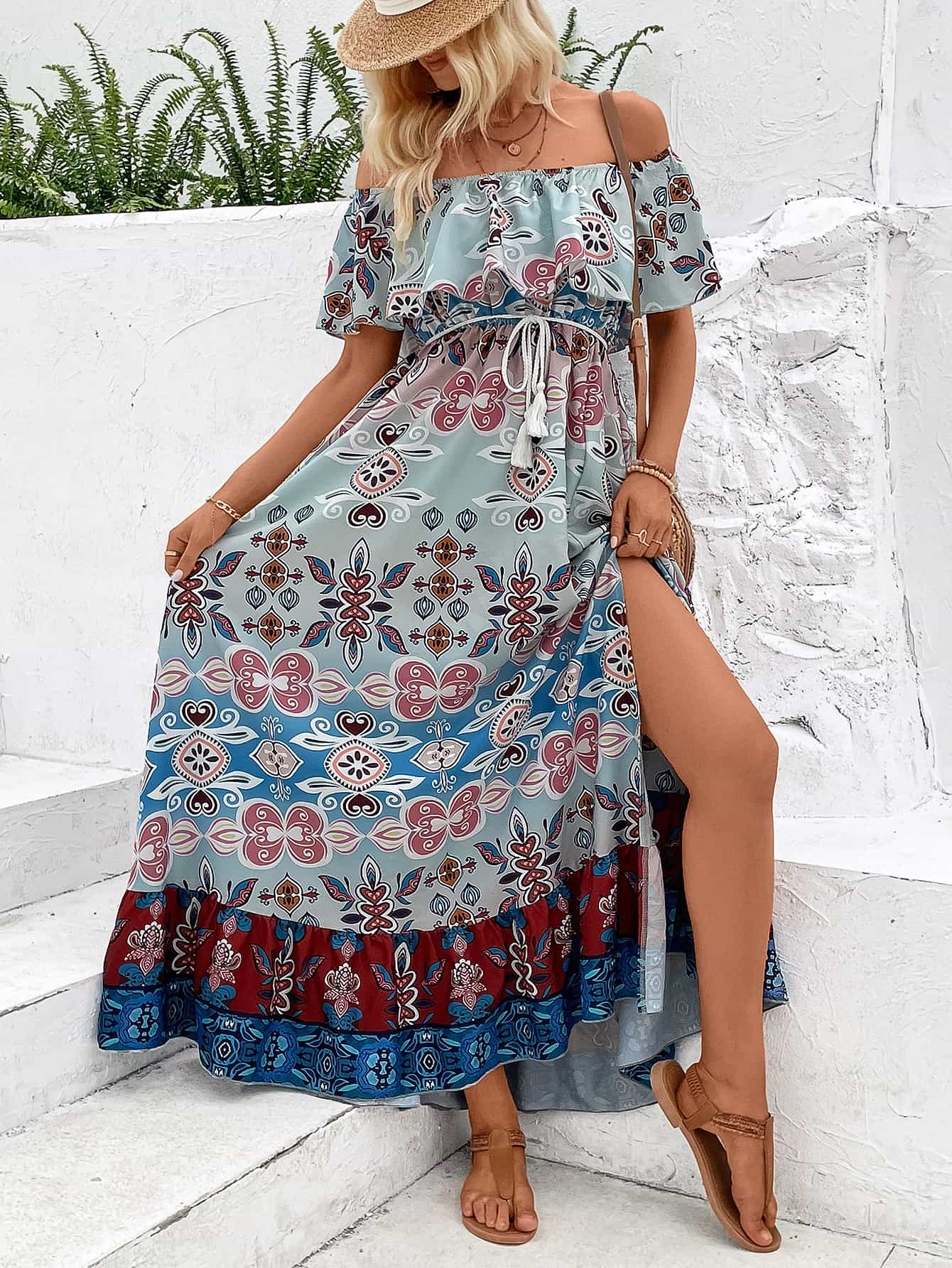 printed off-shoulder slit maxi dress