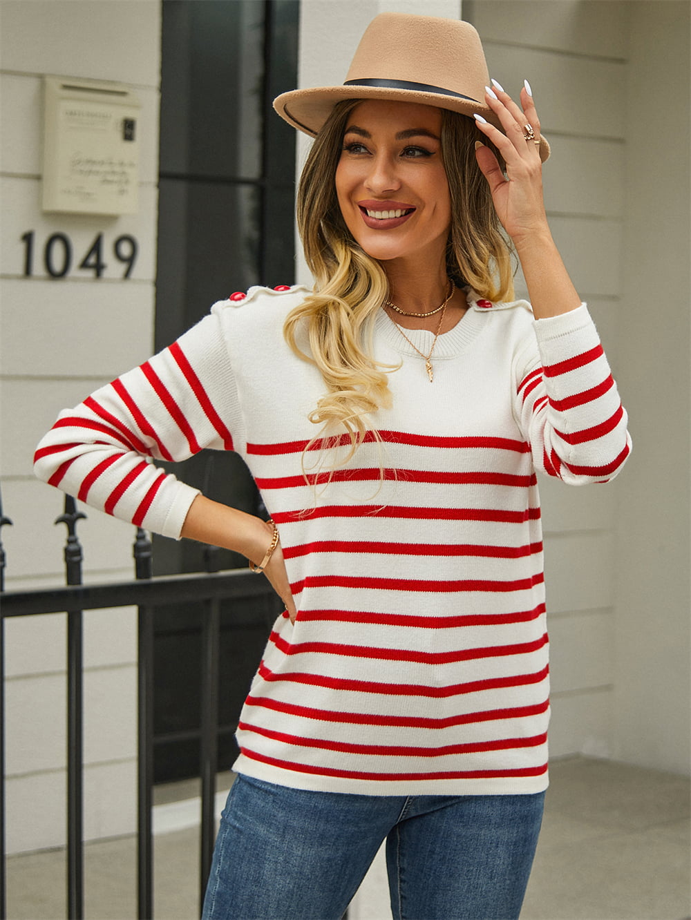 round neck shoulder button striped pullover sweater