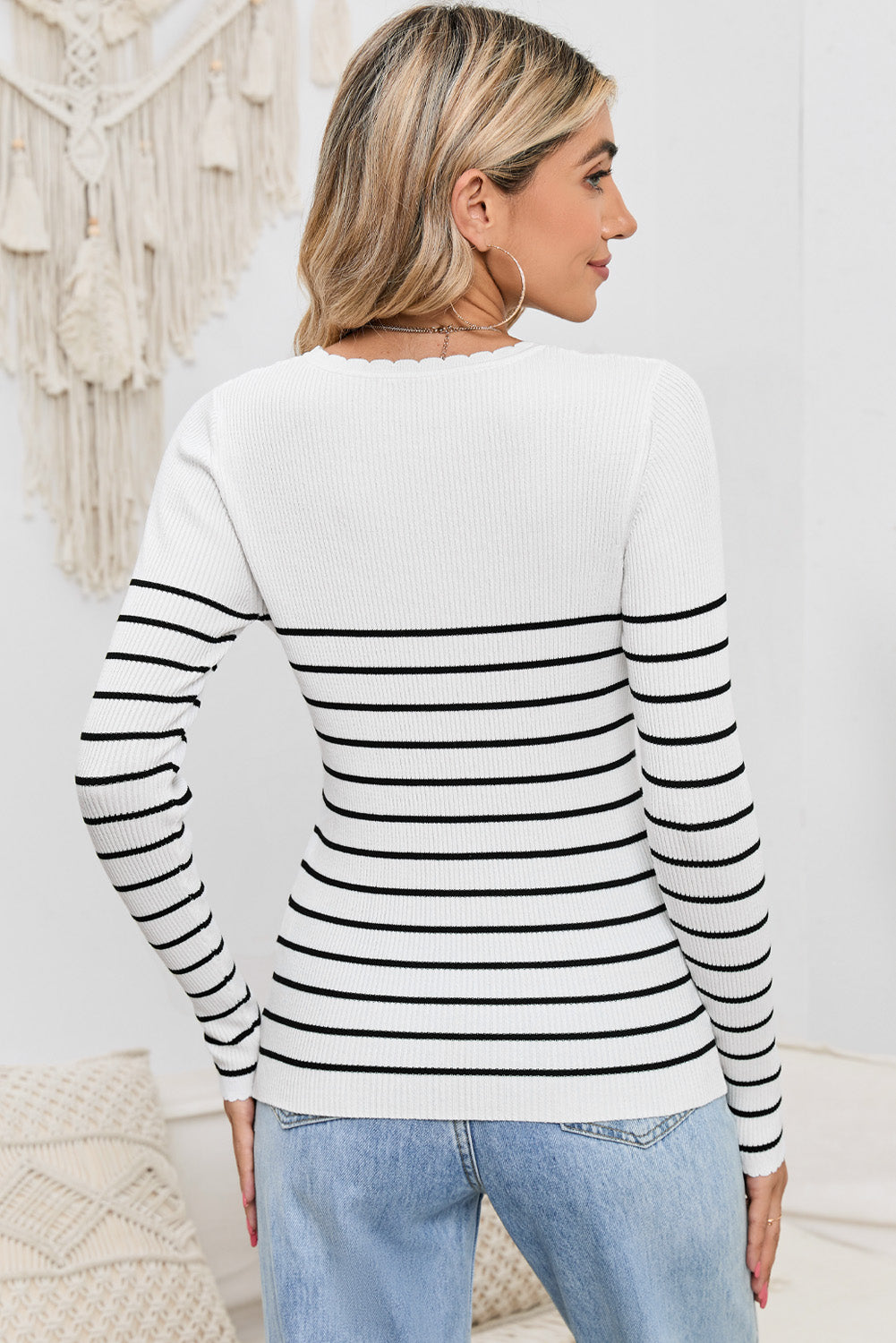 striped round neck long sleeve knit top