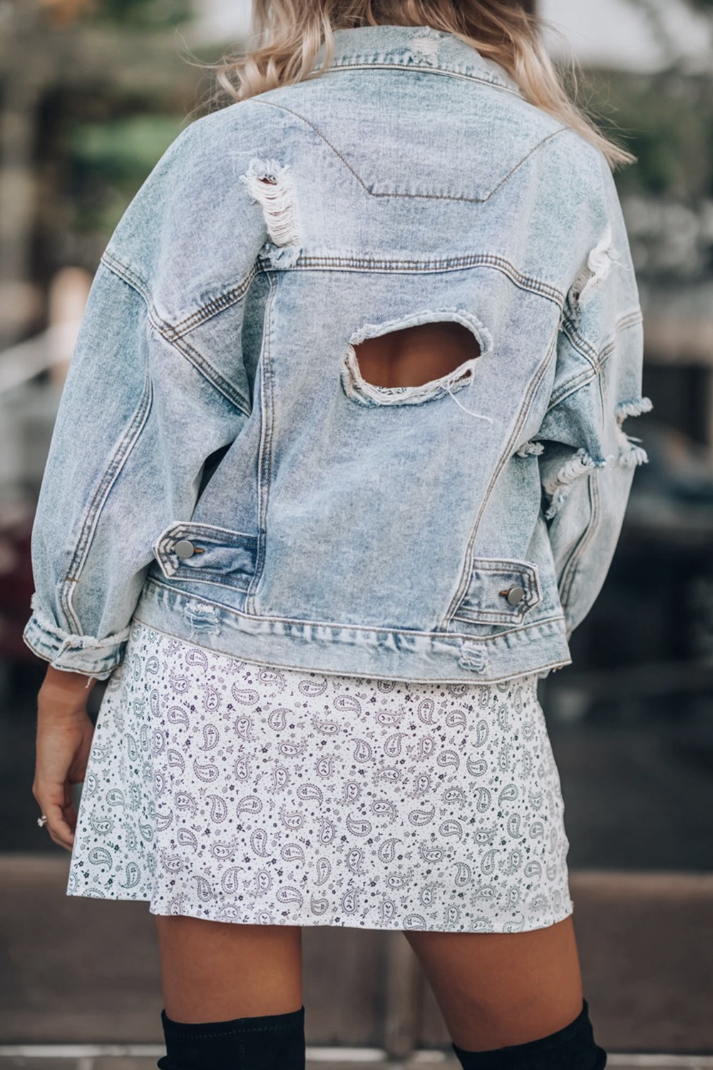 distressed drop shoulder denim jacket