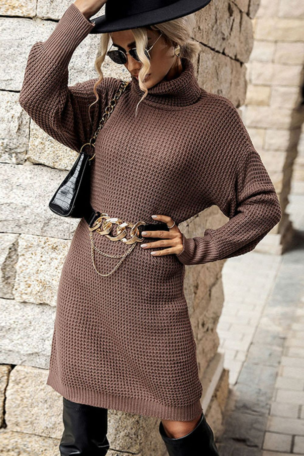 turtleneck dropped shoulder mini sweater dress