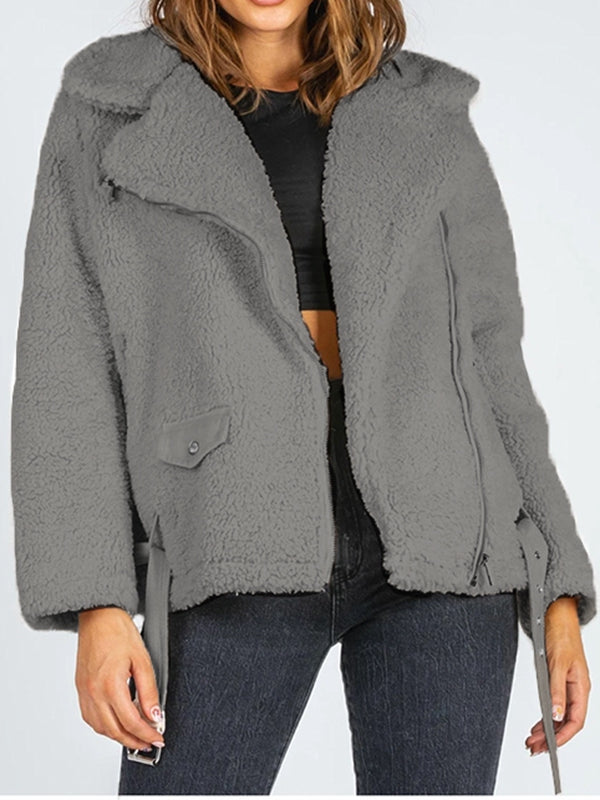 zip-up belted sherpa jacket