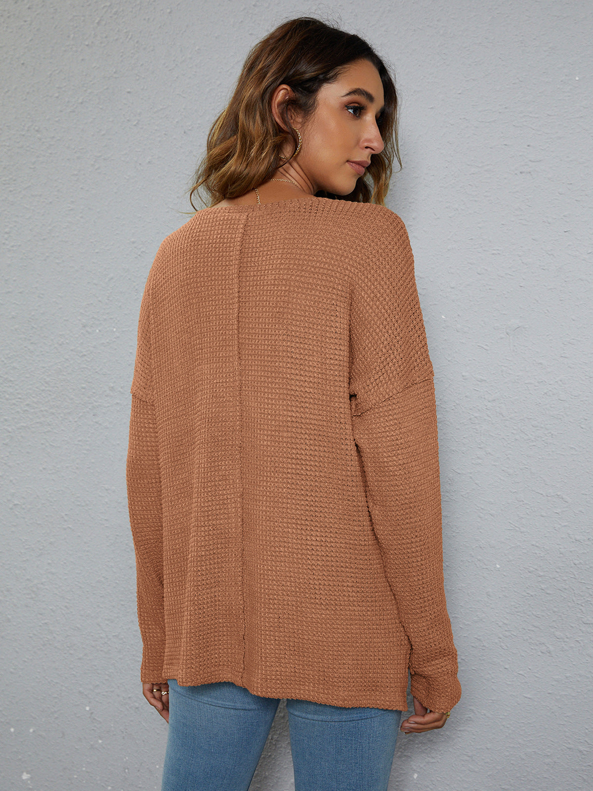 dropped shoulder high-low waffle-knit top