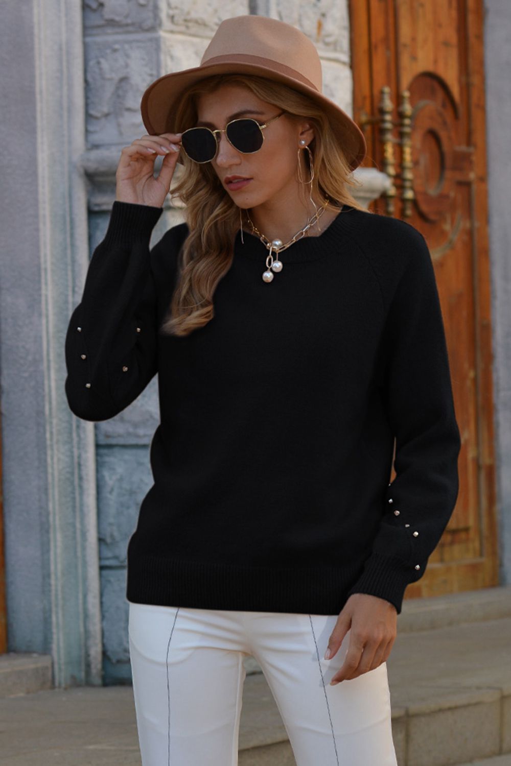 stud trim round neck sweater