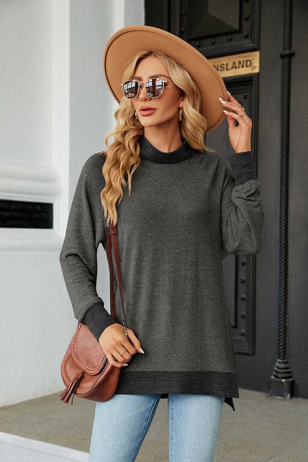 turtle neck long sleeve slit blouse