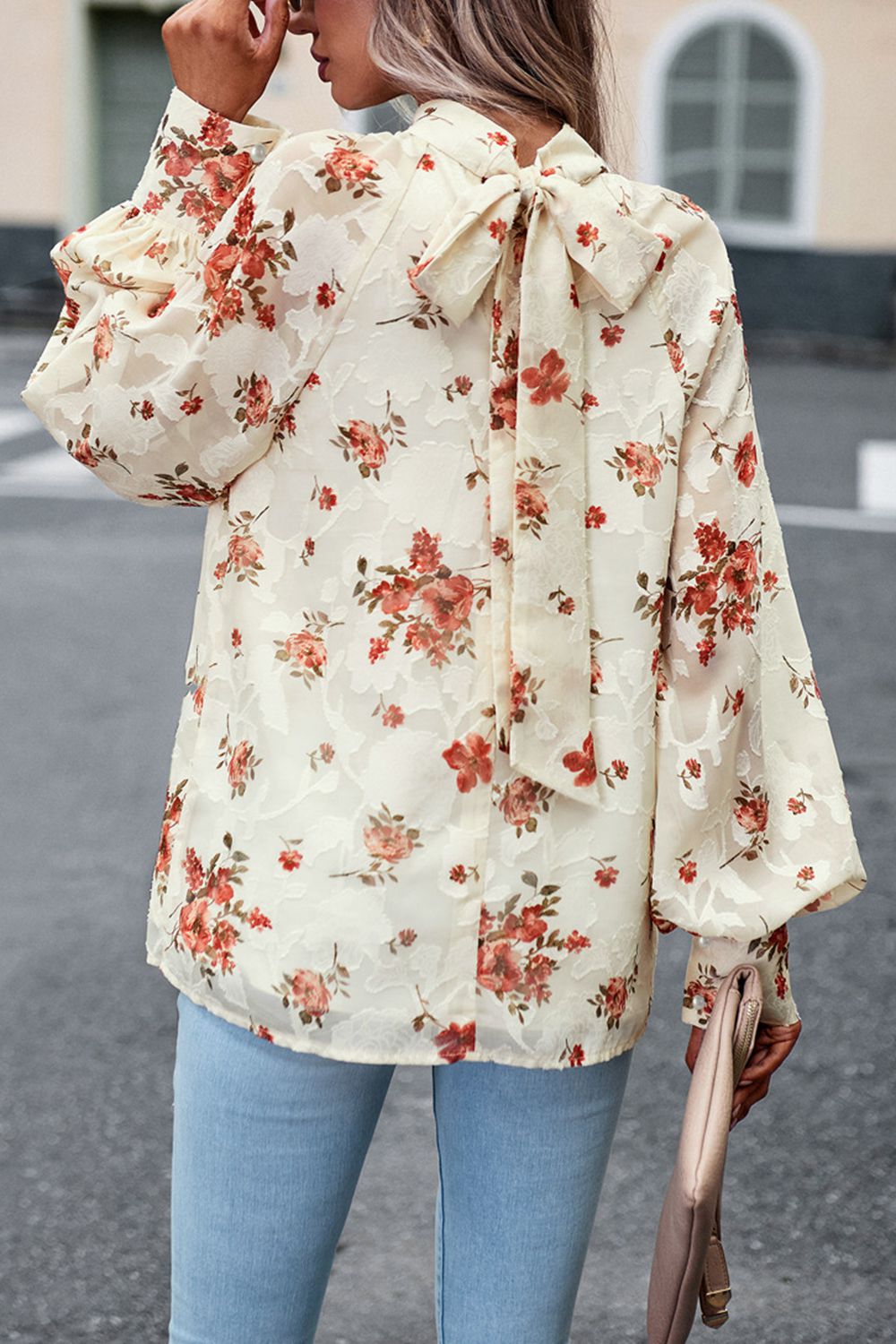 floral print mock neck lantern sleeve blouse
