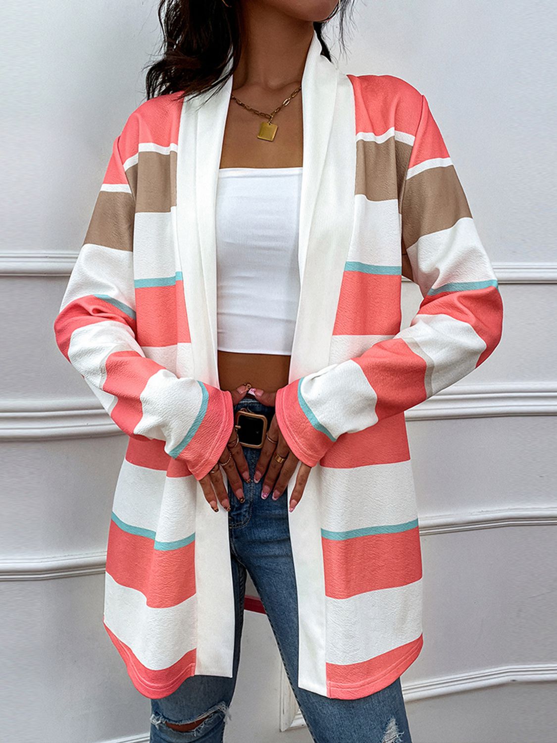 striped open front longline cardigan