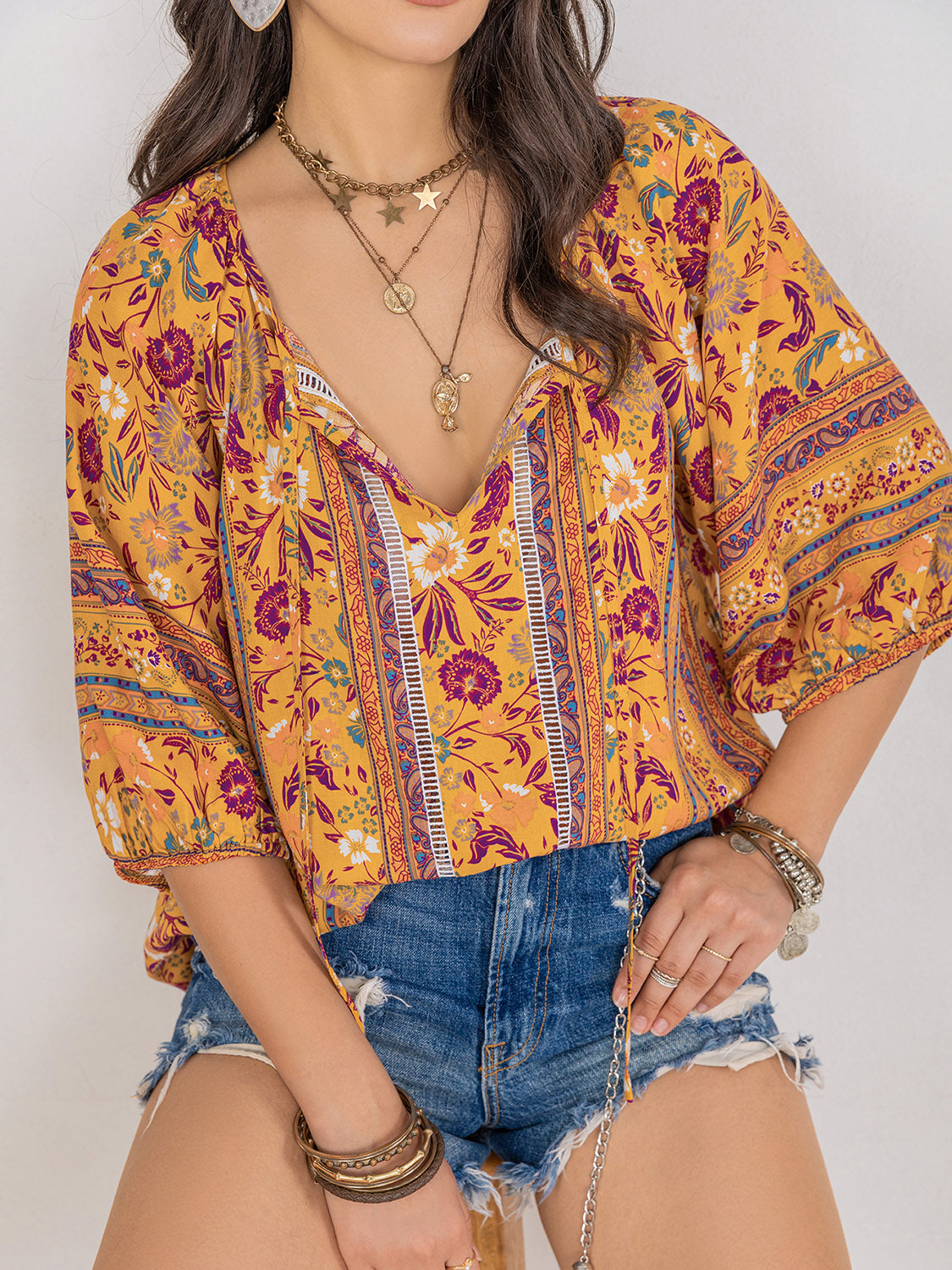 printed tie neck blouse