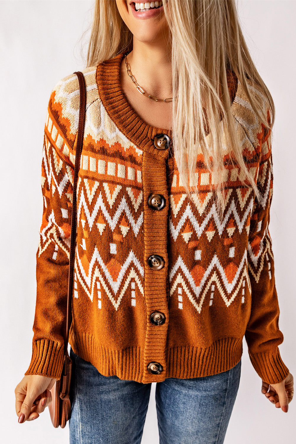 geometric button down round neck cardigan