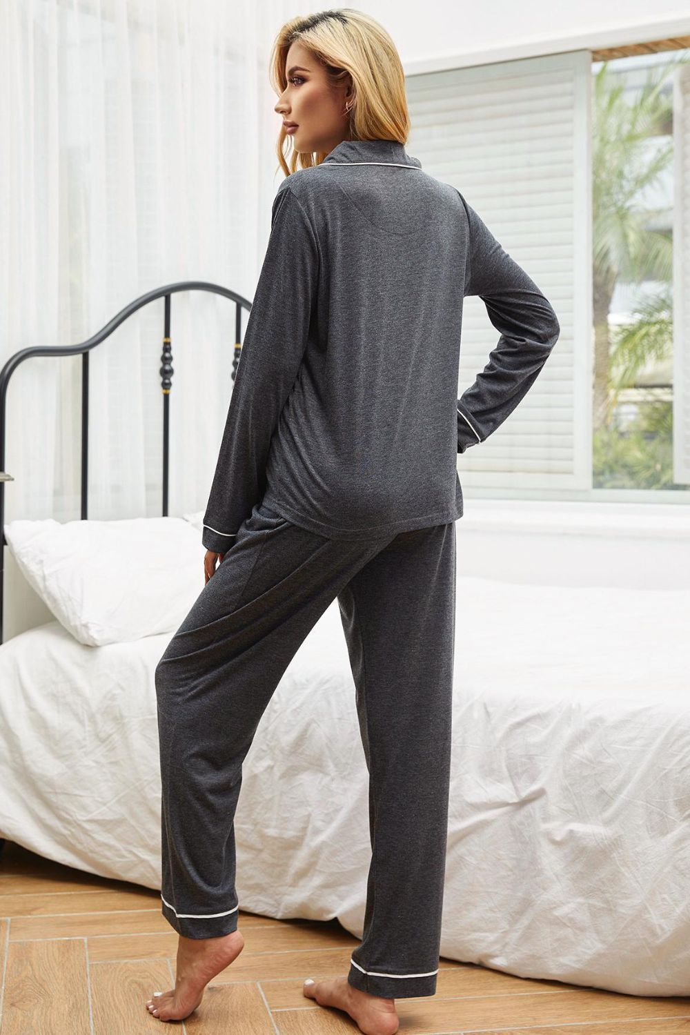 contrast piping button down top and pants loungewear set