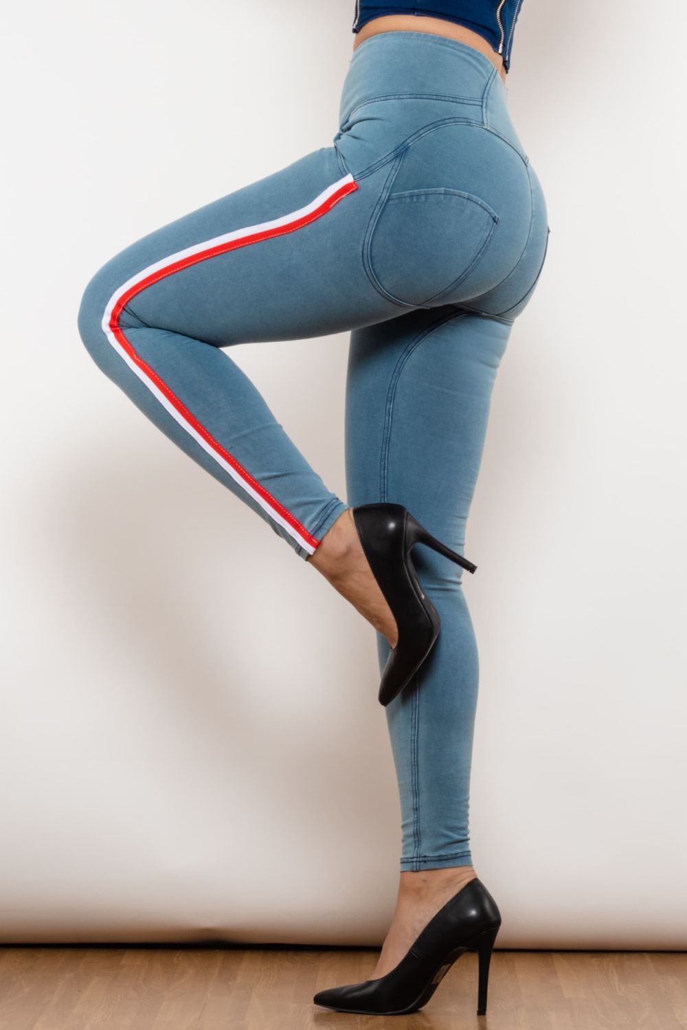 side stripe contrast zip closure skinny jeans