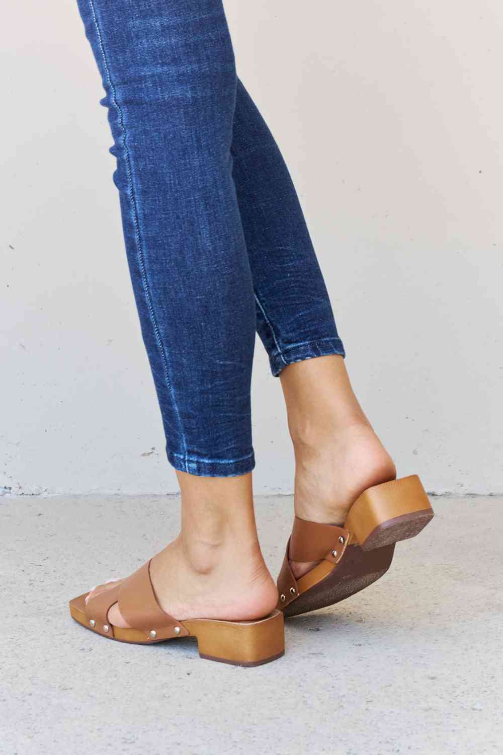 weeboo step into summer criss cross wooden clog mule in brown