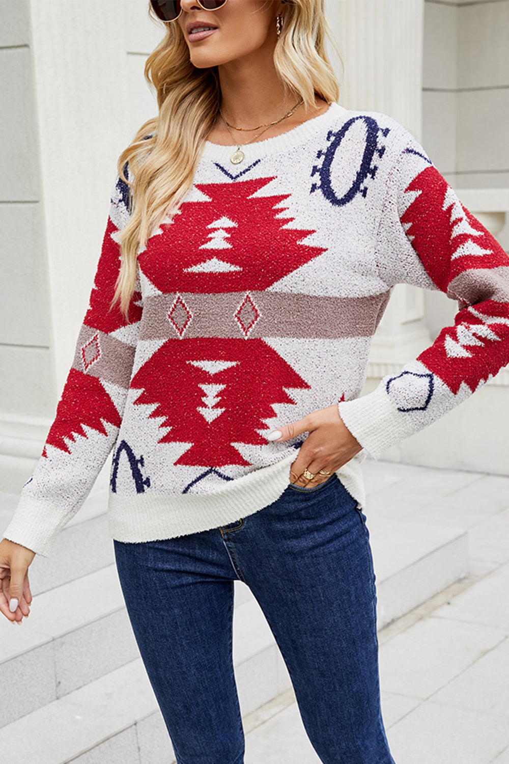 printed round neck long sleeve sweater