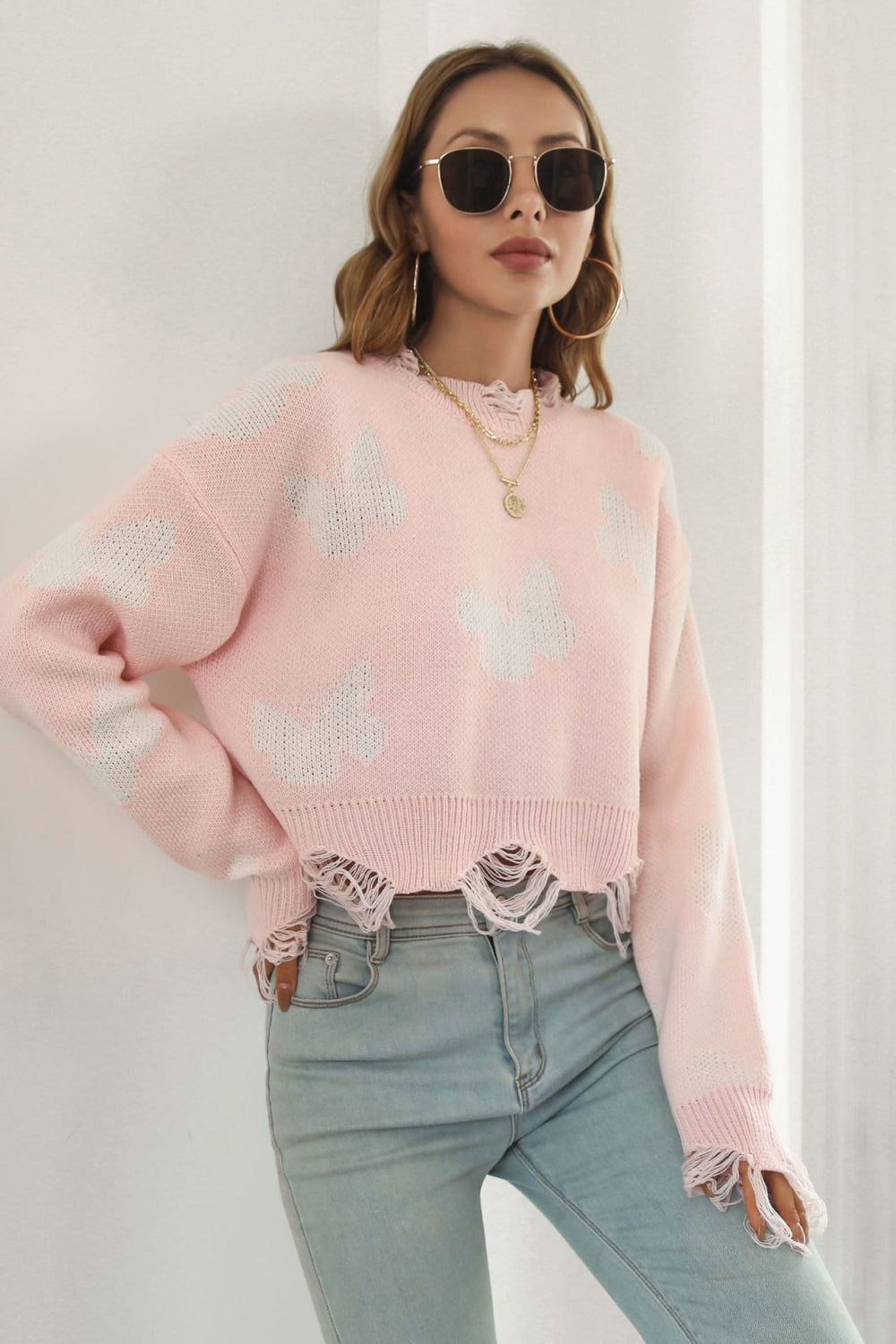 printed round neck ribbed long sleeve sweater