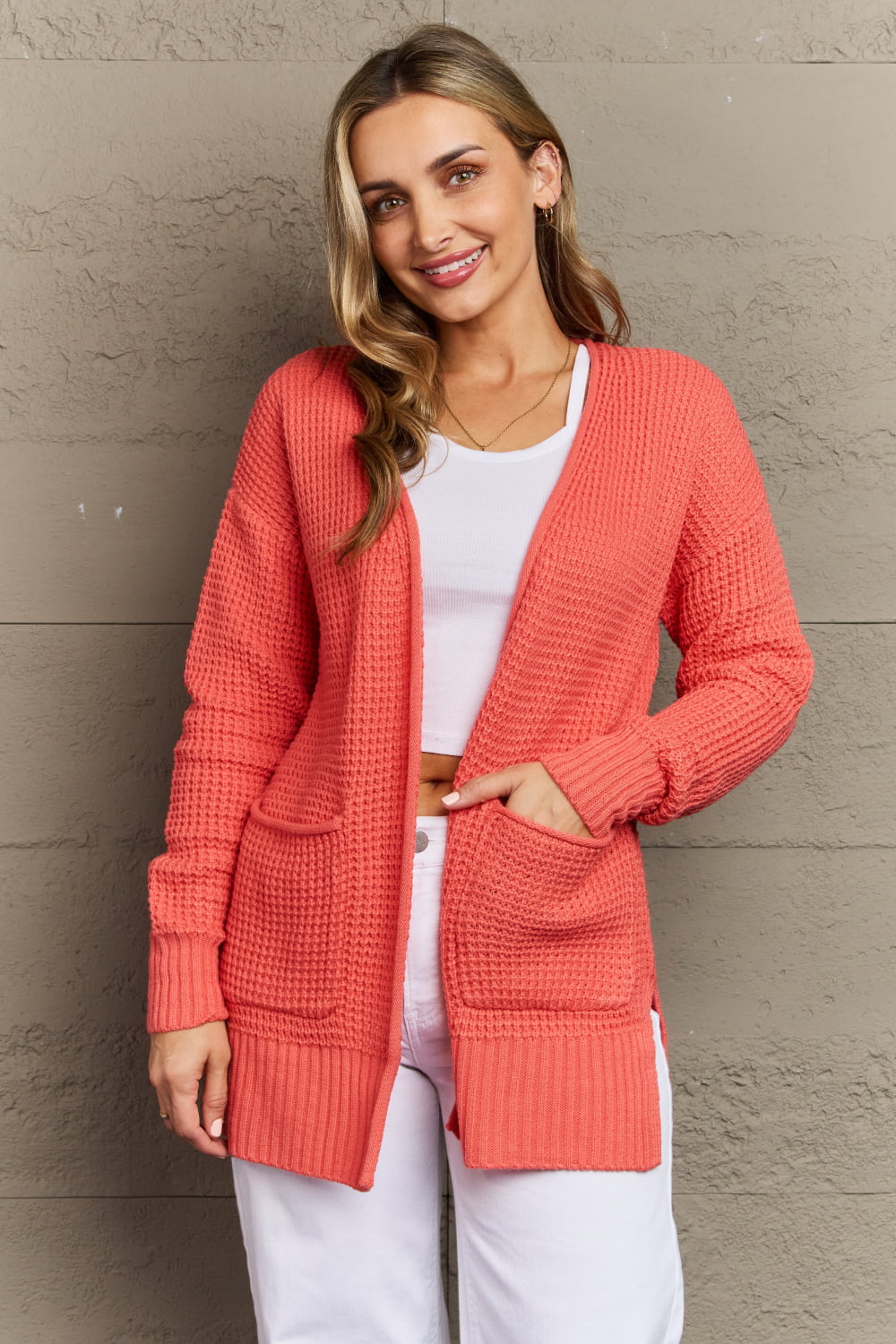 zenana bright & cozy full size waffle knit cardigan