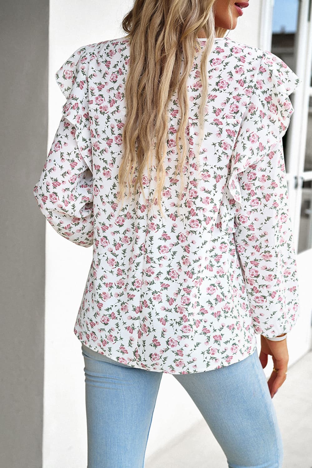 printed round neck long sleeve blouse
