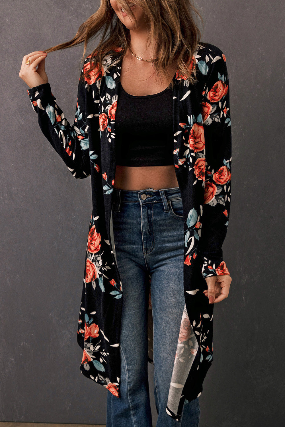 double take printed open front longline cardigan