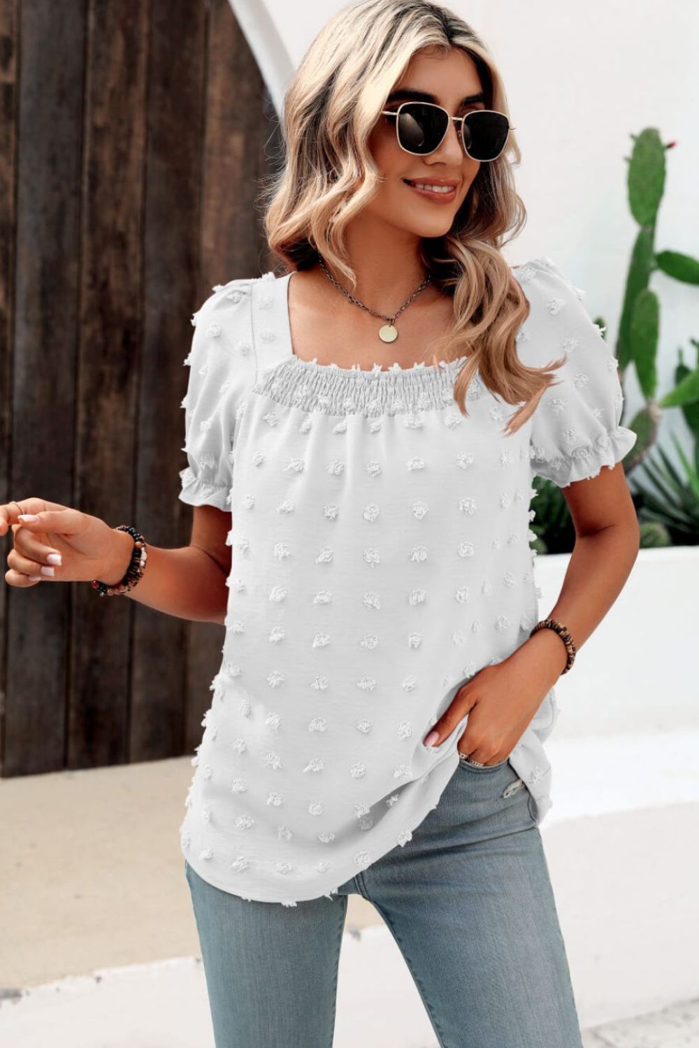 swiss dot puff sleeve square neck blouse