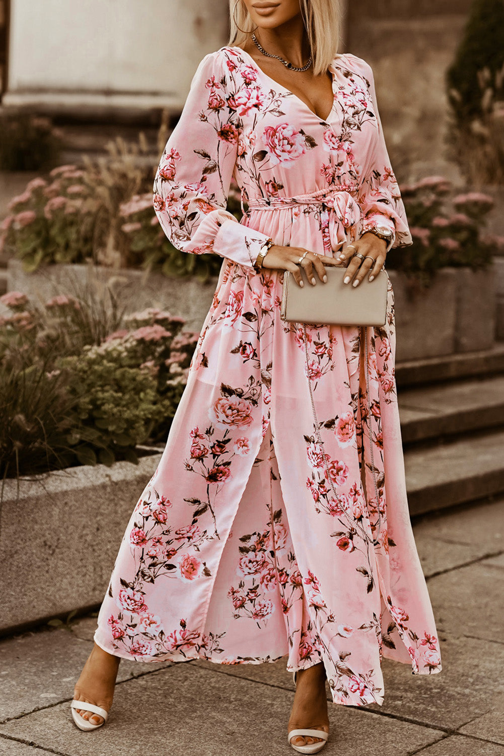 floral tie belt bishop sleeve slit maxi dress