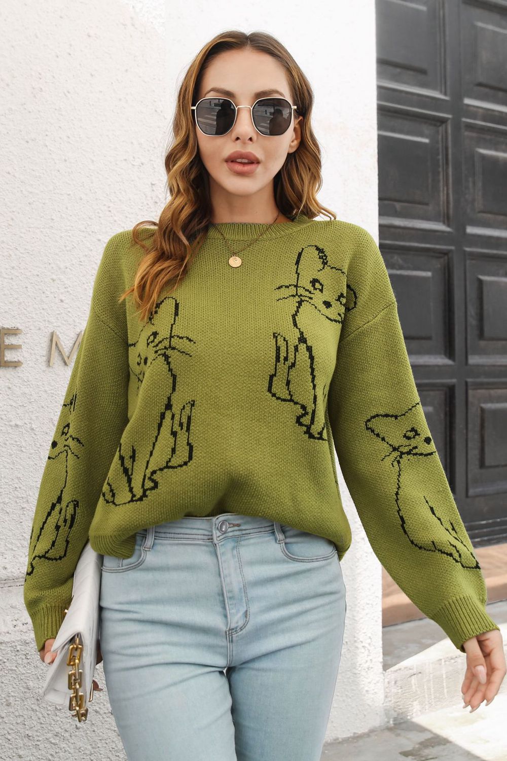 cat pattern round neck long sleeve pullover sweater