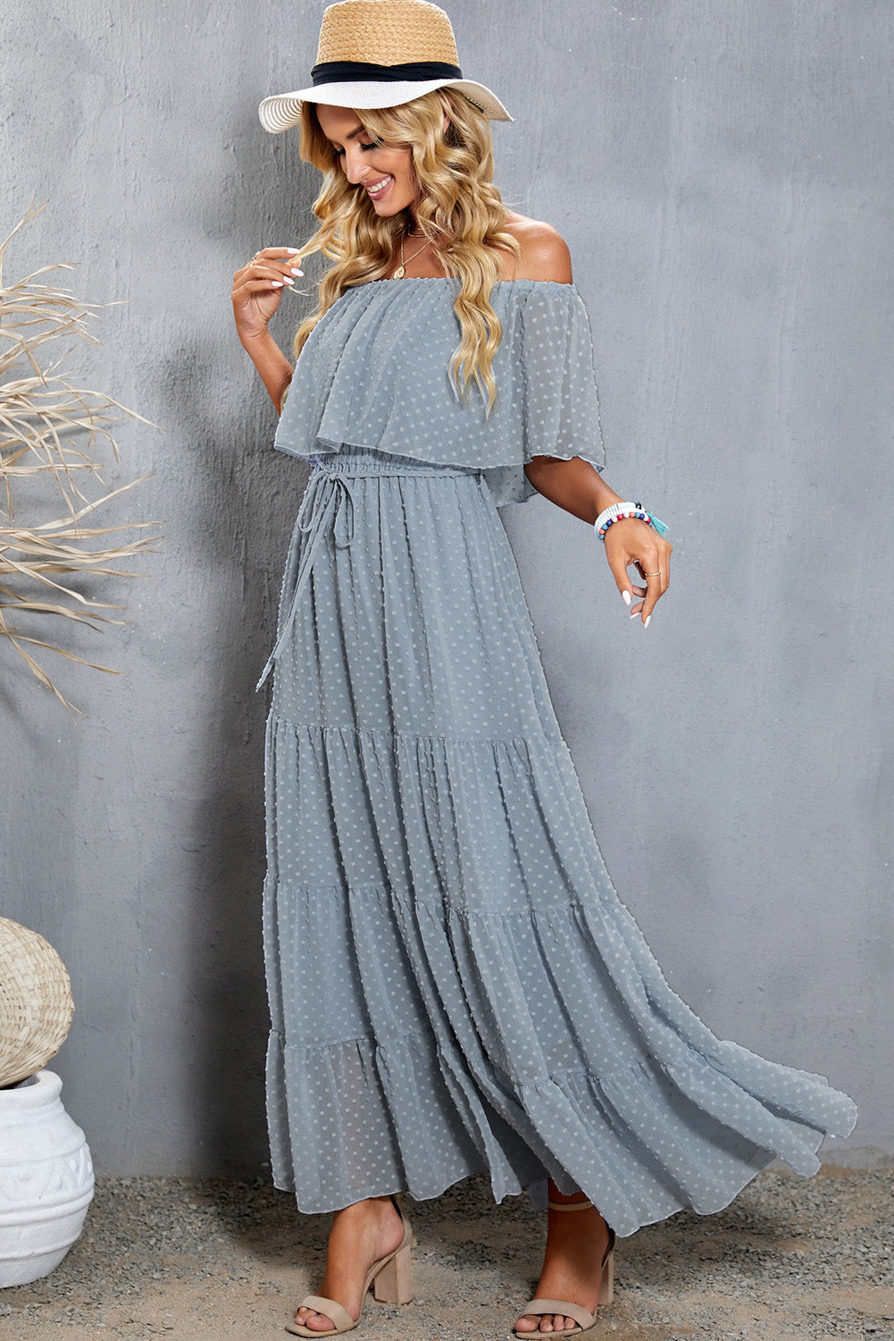 swiss dot off-shoulder tiered maxi dress