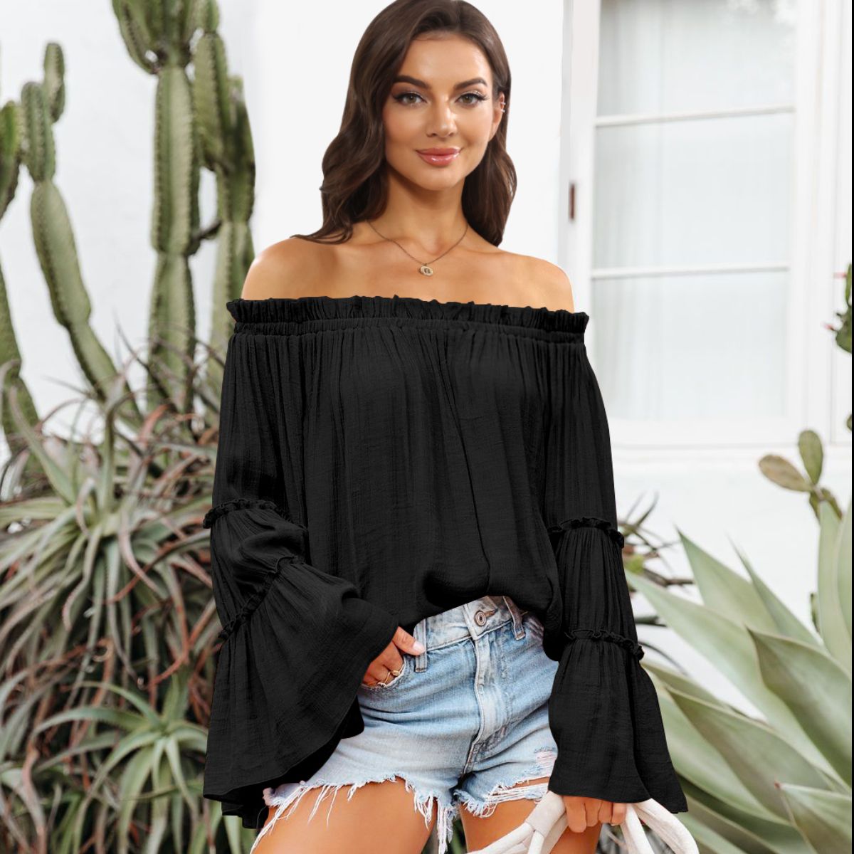 off-shoulder frill trim blouse