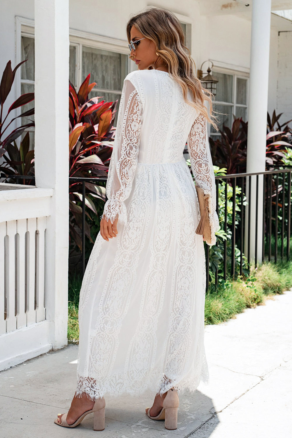 scalloped hem flounce sleeve lace v-neck maxi dress