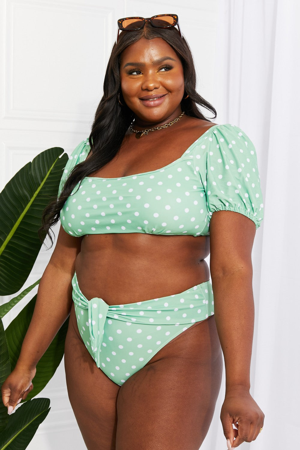 marina west swim vacay ready puff sleeve bikini in gum leaf