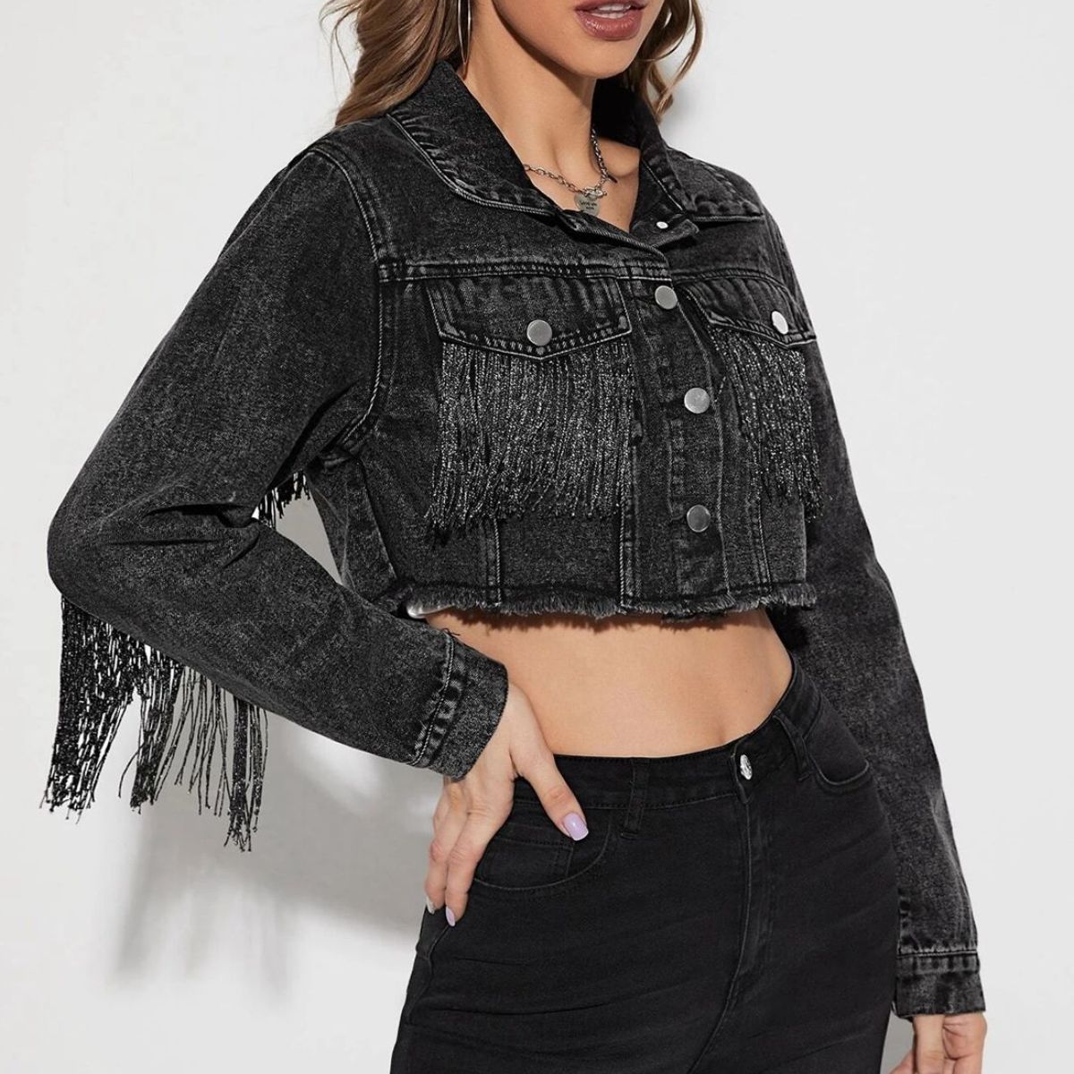 fringe detail long sleeve cropped denim jacket