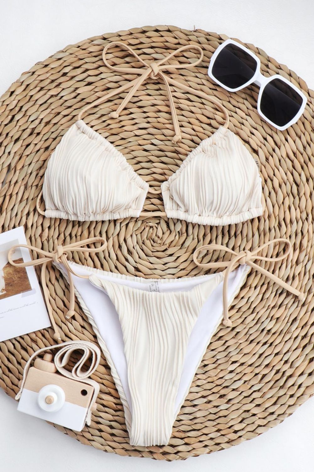 textured halter neck tied bikini set